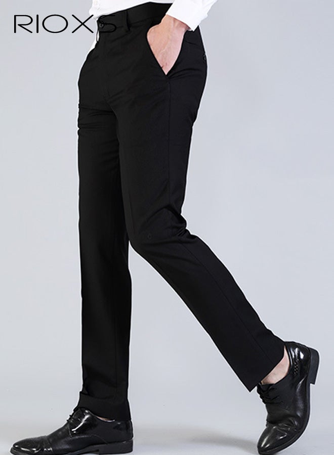 RIOXS Men's Dress Pants, Casual Classic Fit Formal Pants for Men, Beathable Wrinkle Free Men's Business Pants with Pockets, Comfort Stretch Expandable Waist Suit Pants for Work, Meeting, Dating, Prom, Wedding and More, Black - Image 2