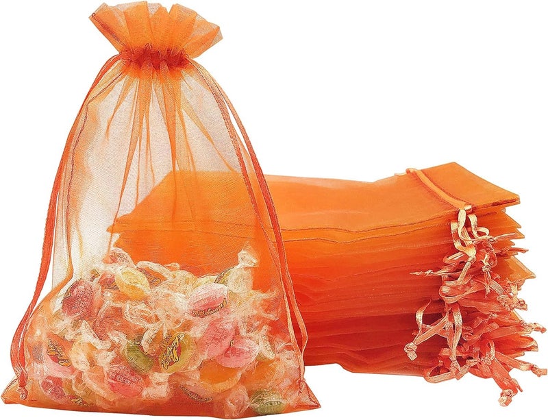 brown leaf 8X6 inches Pack Of 30 PC's Sheer Drawstring Organza Gift Bags Jewelry Pouches Potli Bags for Christmas Cosmetics Jewelry Wedding Party Baby Shower Return Gifting Favor Bags (Orange) - Image 1
