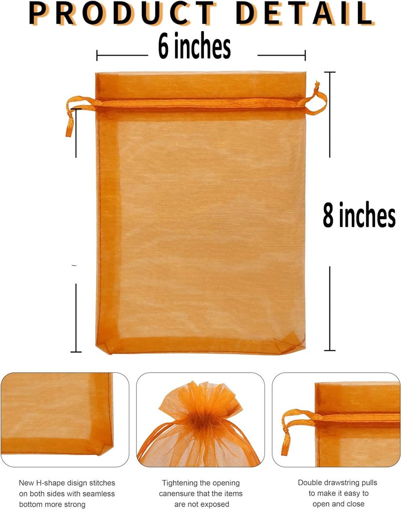 brown leaf 8X6 inches Pack Of 30 PC's Sheer Drawstring Organza Gift Bags Jewelry Pouches Potli Bags for Christmas Cosmetics Jewelry Wedding Party Baby Shower Return Gifting Favor Bags (Orange) - Image 2