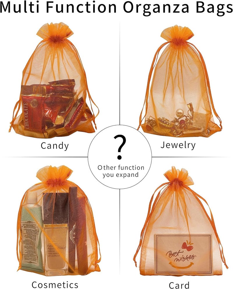brown leaf 8X6 inches Pack Of 30 PC's Sheer Drawstring Organza Gift Bags Jewelry Pouches Potli Bags for Christmas Cosmetics Jewelry Wedding Party Baby Shower Return Gifting Favor Bags (Orange) - Image 3