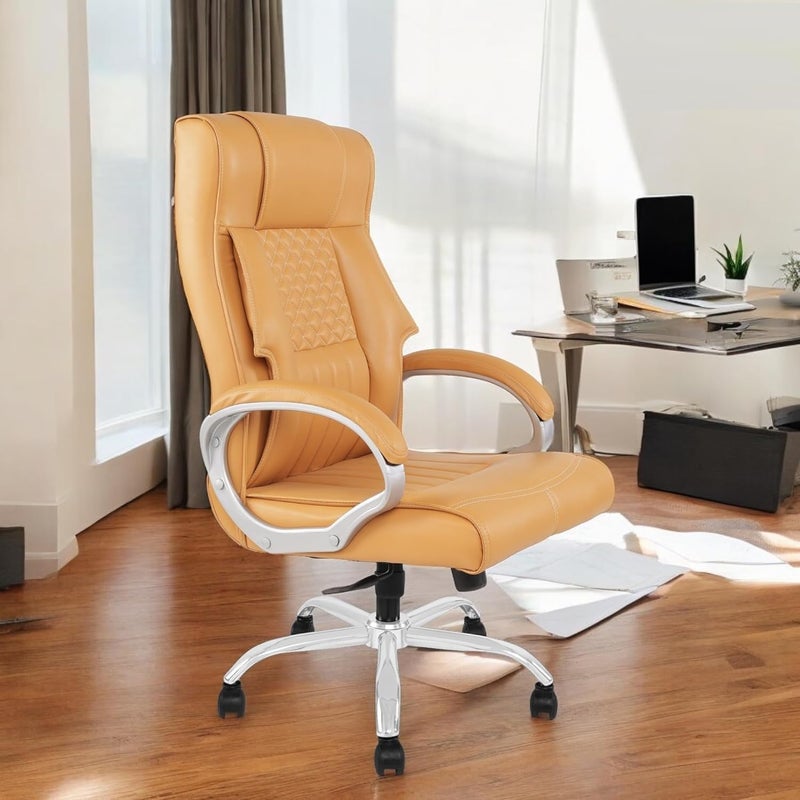 SONAL FURNITURE SONAL FURNITURE High Back Ergonomic Office Chair Leather Executive Desk Chair with Fixed Armrests Mustard - Image 1