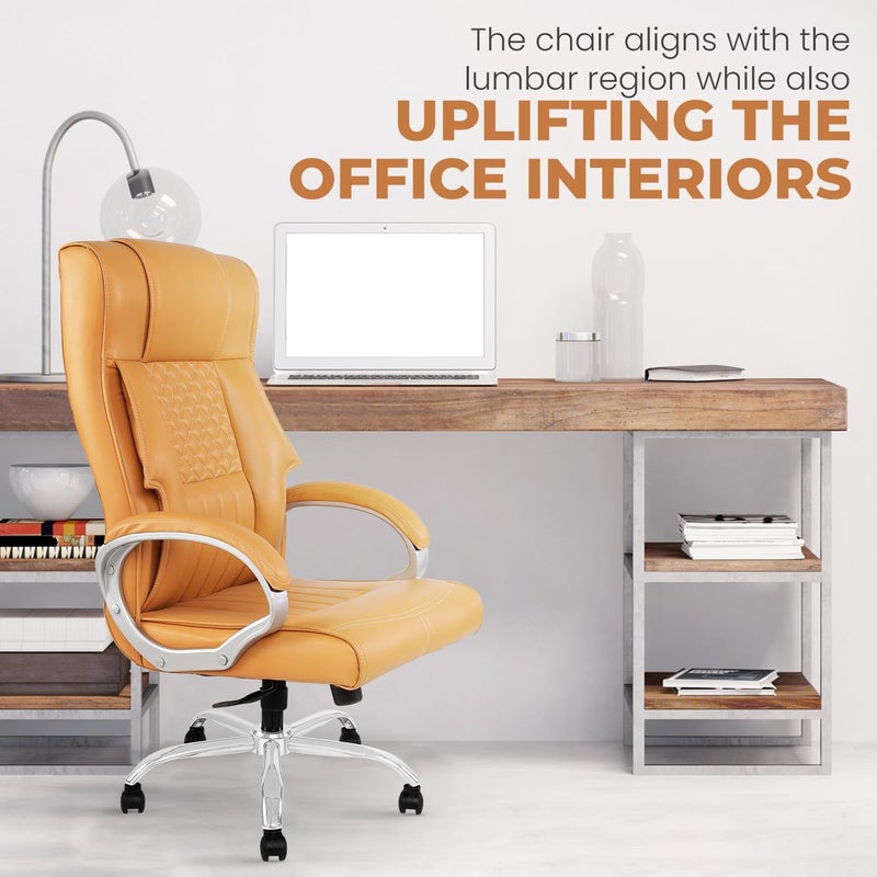SONAL FURNITURE SONAL FURNITURE High Back Ergonomic Office Chair Leather Executive Desk Chair with Fixed Armrests Mustard - Image 3