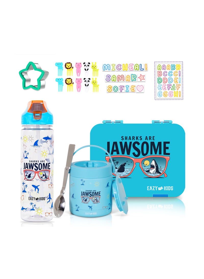 Eazy Kids 6/4 Compartment Bento Lunch Box w/ 2in1 Tritan Water Bottle and Steel Food Jar Jawsome-Blue - Image 1