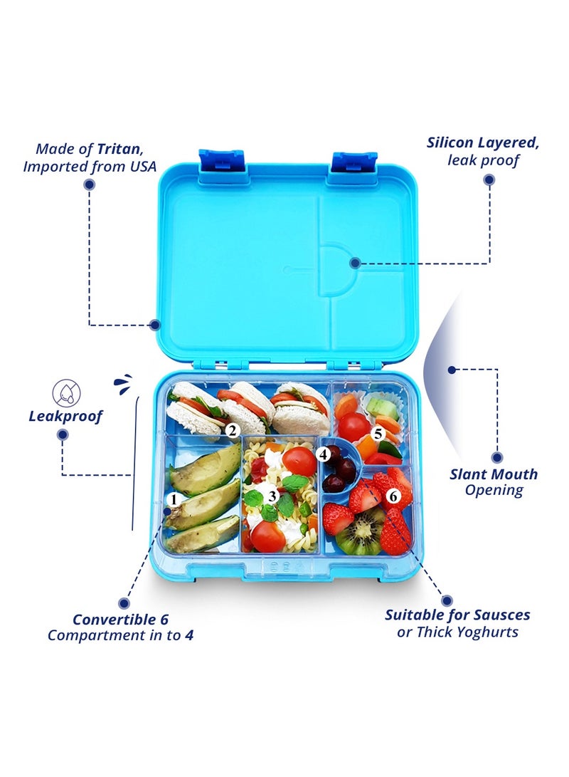 Eazy Kids 6/4 Compartment Bento Lunch Box w/ 2in1 Tritan Water Bottle and Steel Food Jar Jawsome-Blue - Image 5