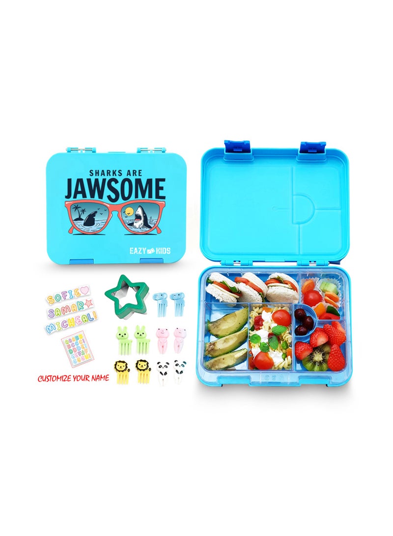 Eazy Kids 6/4 Compartment Bento Lunch Box w/ 2in1 Tritan Water Bottle and Steel Food Jar Jawsome-Blue - Image 2