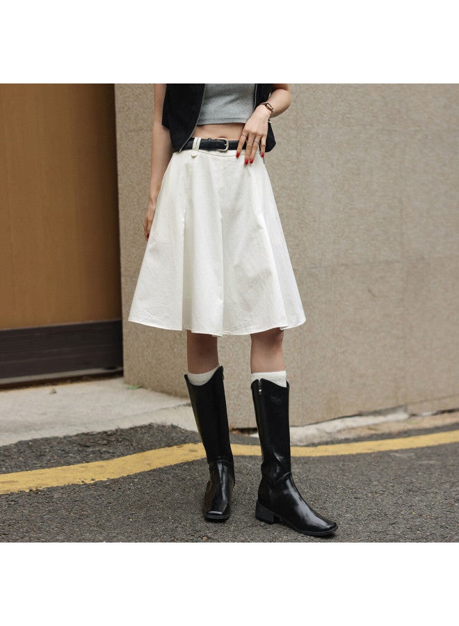 Mt Summer New Pure Cotton Casual Simple Versatile Pleated Skirt, White, L - Image 3