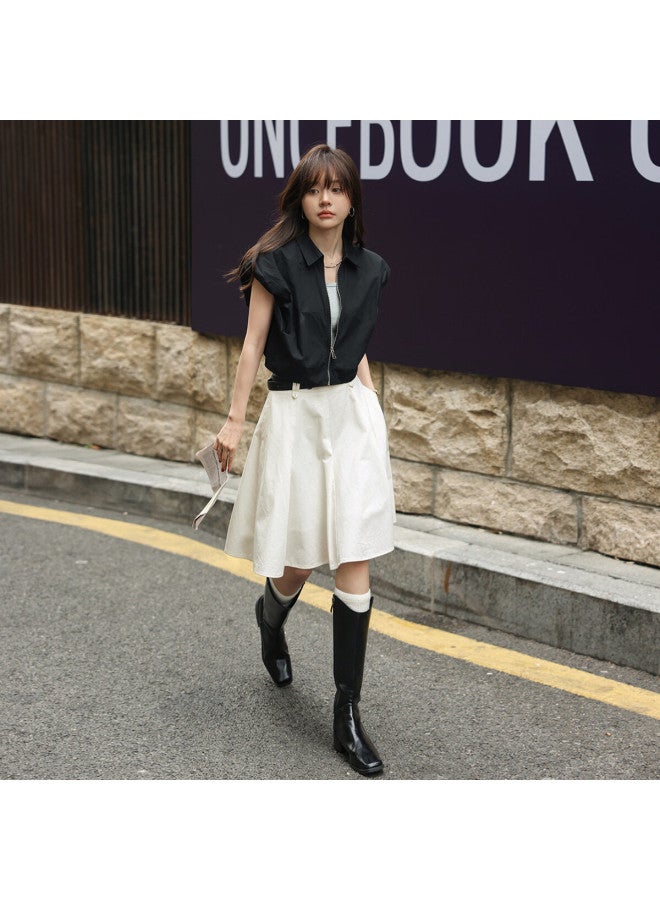 Mt Summer New Pure Cotton Casual Simple Versatile Pleated Skirt, White, L - Image 5