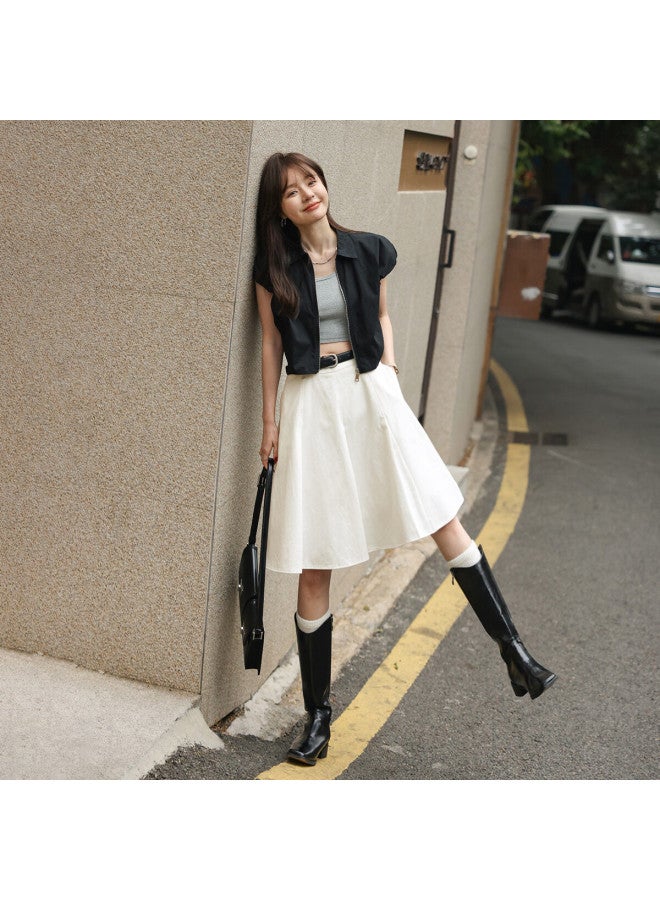 Mt Summer New Pure Cotton Casual Simple Versatile Pleated Skirt, White, L - Image 2
