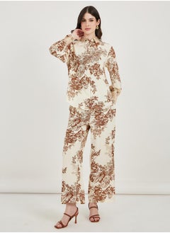 Styli All Over Print Lace Insert Shirt & Straight Leg Pants Modest Set  - Image 1