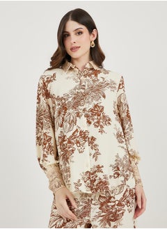 Styli All Over Print Lace Insert Shirt & Straight Leg Pants Modest Set  - Image 2