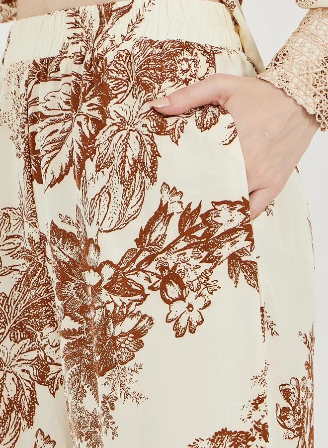 Styli All Over Print Lace Insert Shirt & Straight Leg Pants Modest Set