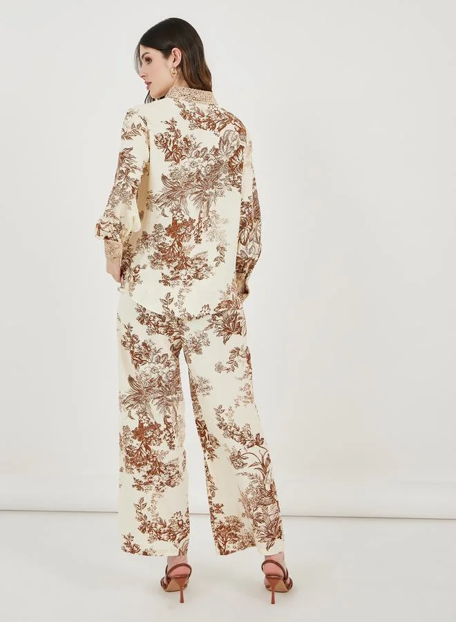 Styli All Over Print Lace Insert Shirt & Straight Leg Pants Modest Set