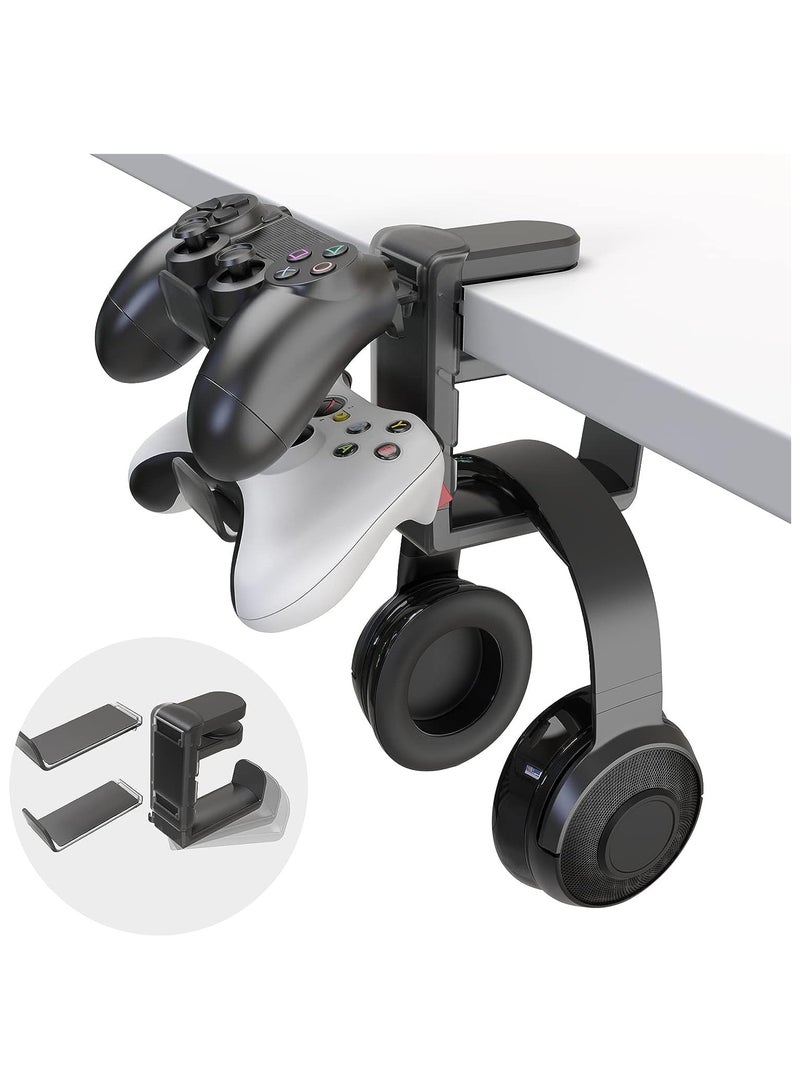 Headphone Stand, 3 in 1 Gaming Headphone & Controller Holder, Adjustable Clamp Headphone Stand Under Desk, with 2 Controller Holder, Rotating Arm & Cable Organizer, PC Gaming Accessory Holder (Black) - Image 1