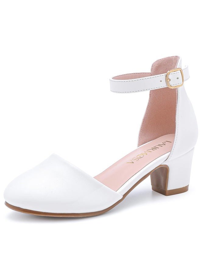 LAURMOSA Girls White Dress Shoes Heels for Girls Princess Flower Girl for Wedding Easter Church First Communion Closed Toe Ankle Strap Pumps Shoes for Little Big Kids(L1012White 6) - Image 1