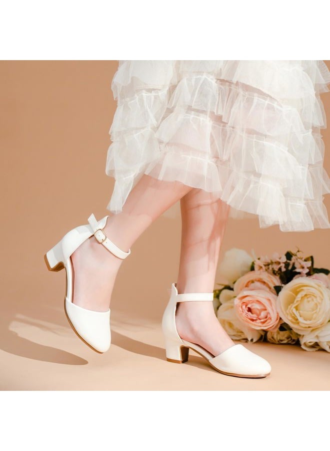 LAURMOSA Girls White Dress Shoes Heels for Girls Princess Flower Girl for Wedding Easter Church First Communion Closed Toe Ankle Strap Pumps Shoes for Little Big Kids(L1012White 6) - Image 2