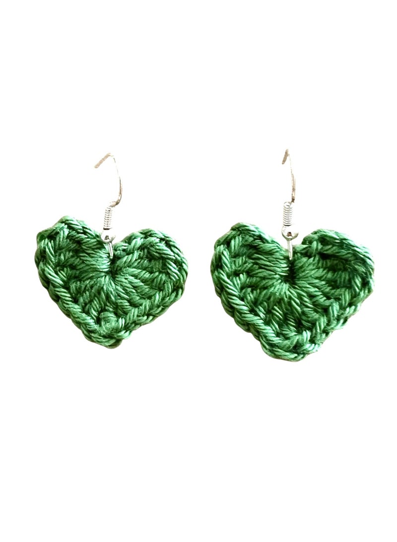 Lolly Handmade Green Crochet Heart Earrings – A unique and stylish design that adds a touch of elegance to any outfit. Made with high-quality yarn, these earrings are the perfect choice for those who love distinctive fashion and intricate details. Whether you're looking for a special gift or want to add a bit of charm to your daily look, these earrings are the perfect choice - Image 2