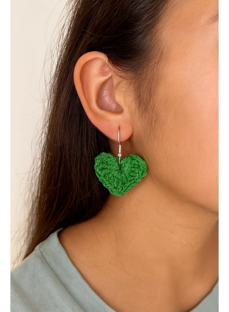 Lolly Handmade Green Crochet Heart Earrings – A unique and stylish design that adds a touch of elegance to any outfit. Made with high-quality yarn, these earrings are the perfect choice for those who love distinctive fashion and intricate details. Whether you're looking for a special gift or want to add a bit of charm to your daily look, these earrings are the perfect choice - Image 3