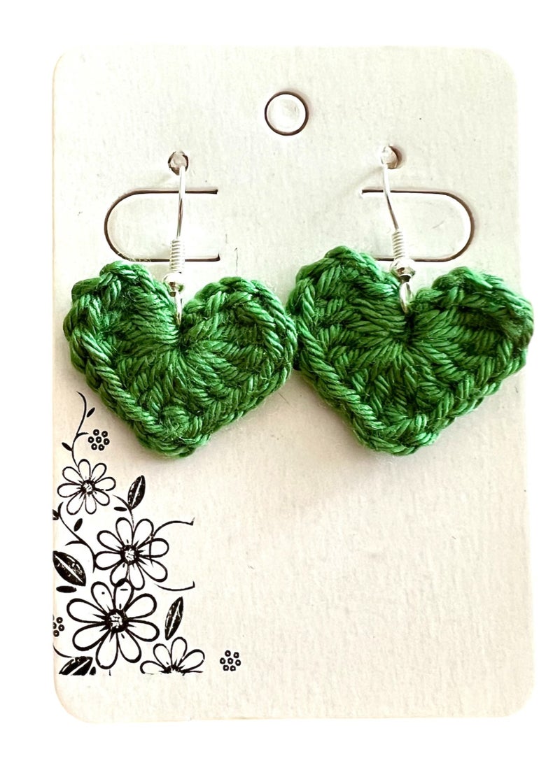 Lolly Handmade Green Crochet Heart Earrings – A unique and stylish design that adds a touch of elegance to any outfit. Made with high-quality yarn, these earrings are the perfect choice for those who love distinctive fashion and intricate details. Whether you're looking for a special gift or want to add a bit of charm to your daily look, these earrings are the perfect choice - Image 4