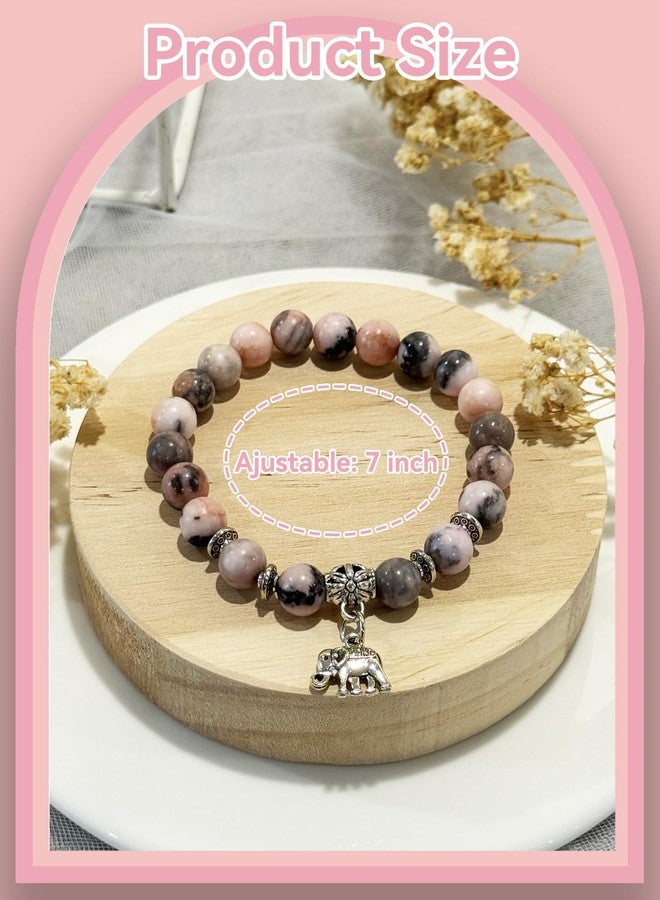 Daxtril Elephant Gifts for Women, Elephant Bracelet Mothers Day, Motivational Gifts for Mom Gifts for Her, Strength Bracelets for Women, Anxiety Bracelet, 8 mm Stretch Natural Stone Beaded Bracelets, Valentine Gift, Pink - Image 2