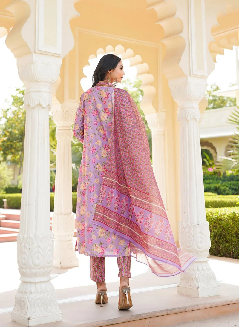 ZERESOUQ Purple Rayon Blend Floral Printed 3-Piece Kurta Set
