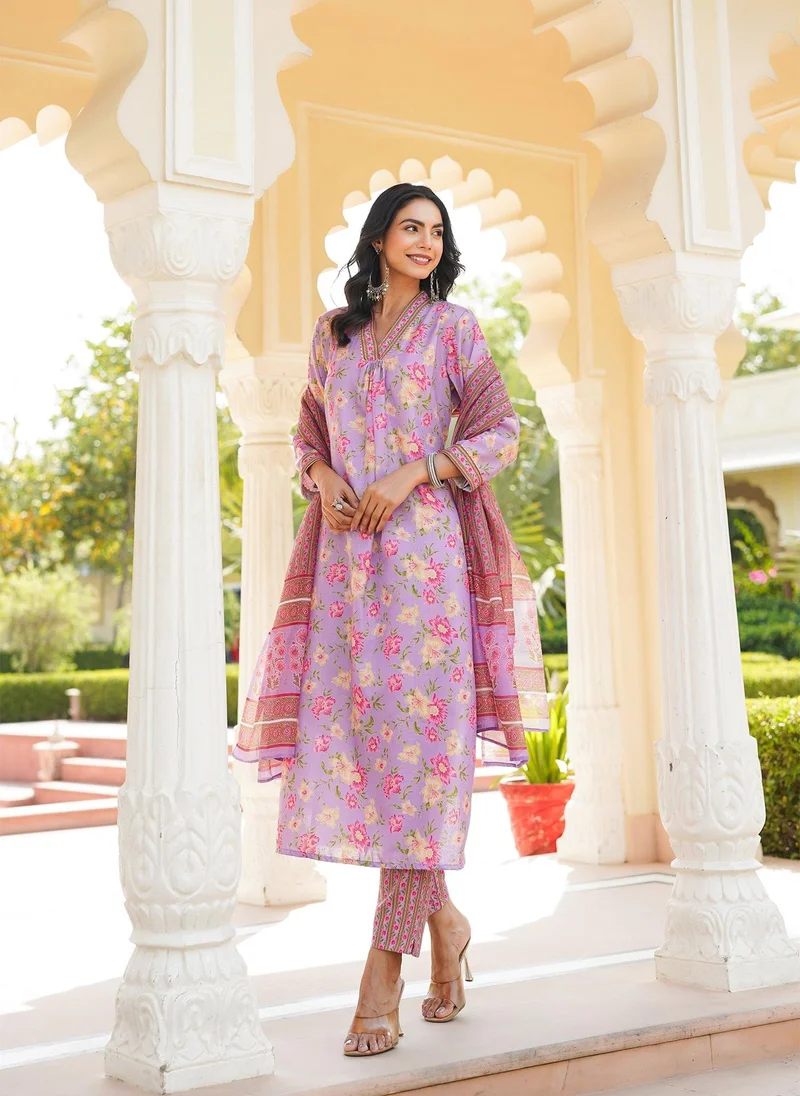 ZERESOUQ Purple Rayon Blend Floral Printed 3-Piece Kurta Set