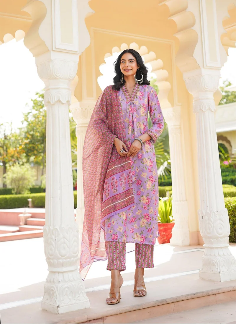 زيري سوق Purple Rayon Blend Floral Printed 3-Piece Kurta Set