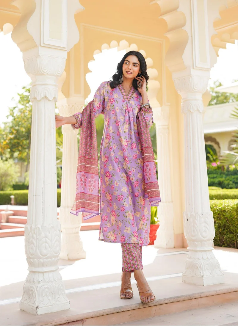 ZERESOUQ Purple Rayon Blend Floral Printed 3-Piece Kurta Set