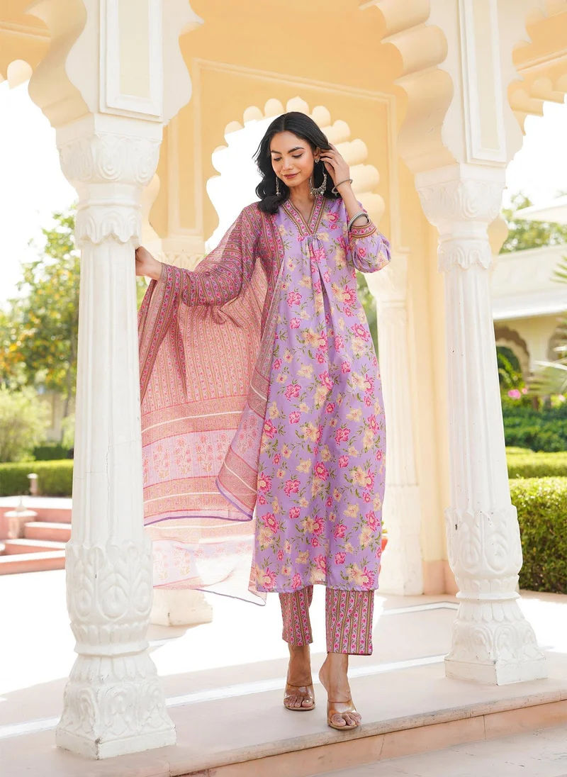 ZERESOUQ Purple Rayon Blend Floral Printed 3-Piece Kurta Set