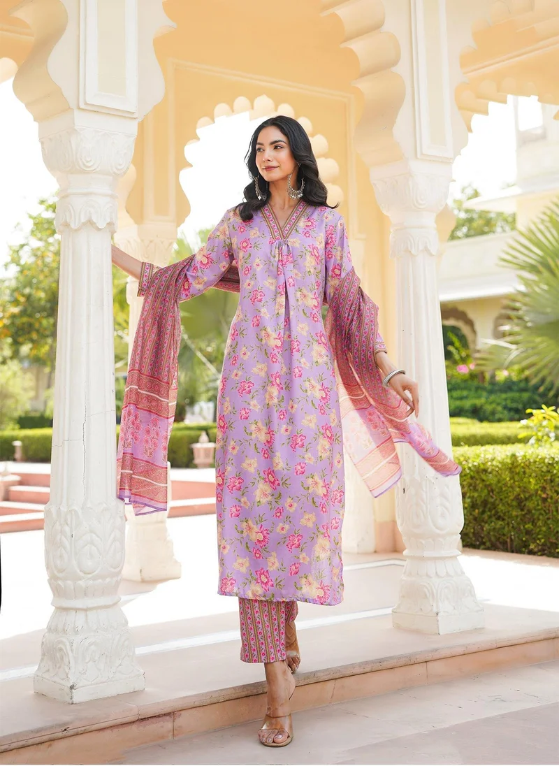 زيري سوق Purple Rayon Blend Floral Printed 3-Piece Kurta Set
