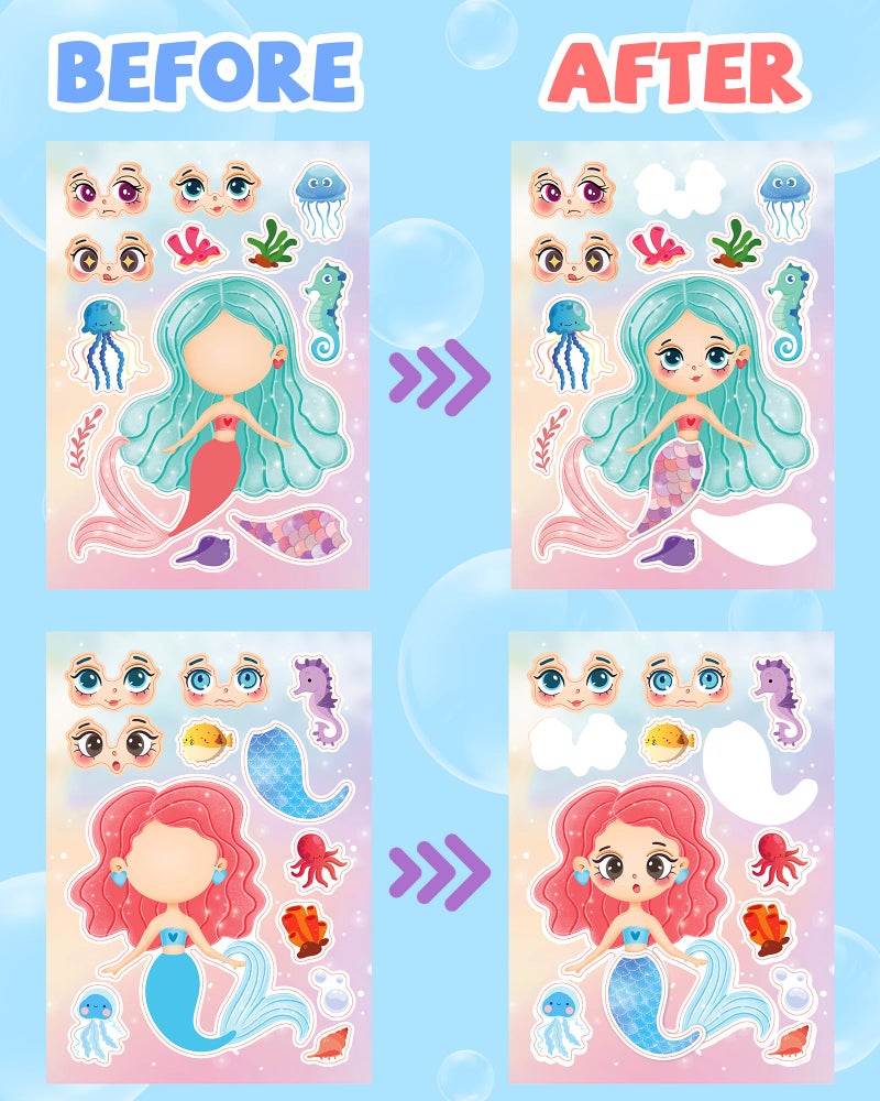 Greingways 24 Pcs Make Your Own Mermaid Sticker Sheets for Kids with Mermaid Face Stickers for Kids Toddlers Girls Crafts Activities Gift Bag Stuffers Birthday Party Valentines Day Gifts for Kids Classroom - Image 4