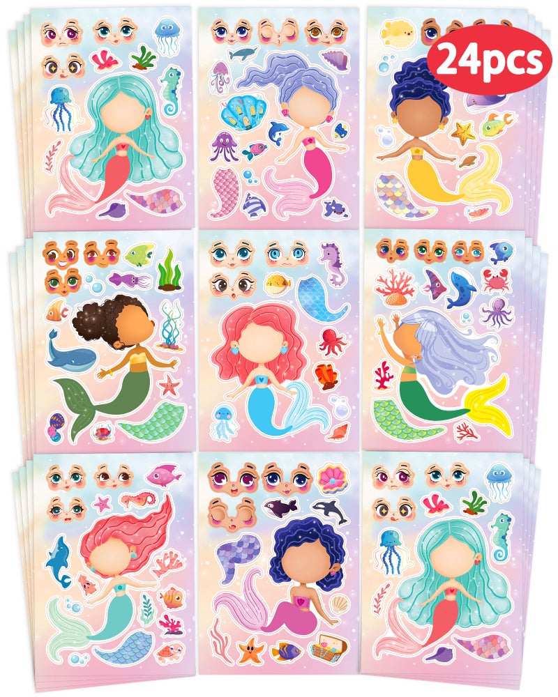 Greingways 24 Pcs Make Your Own Mermaid Sticker Sheets for Kids with Mermaid Face Stickers for Kids Toddlers Girls Crafts Activities Gift Bag Stuffers Birthday Party Valentines Day Gifts for Kids Classroom - Image 1