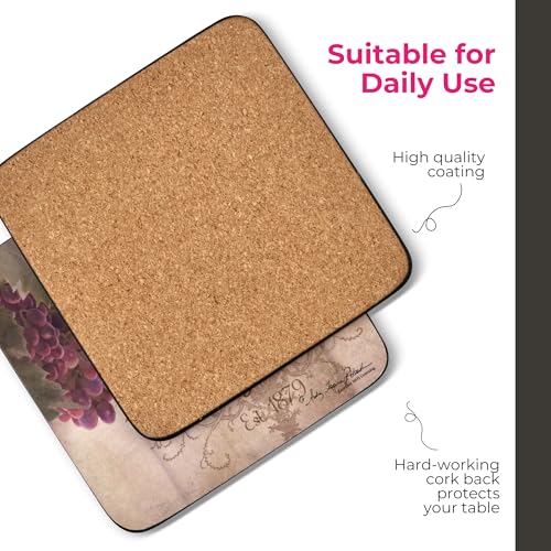 Pimpernel Portmeirion Toscana Coasters, Set of 4 – 4.25" Cork-Backed Boards Featuring Grape Artwork, Heat & Stain Resistant Lacquer Finish, Decorative Drink Mats for Wine Lovers & Coffee Tables - Image 5