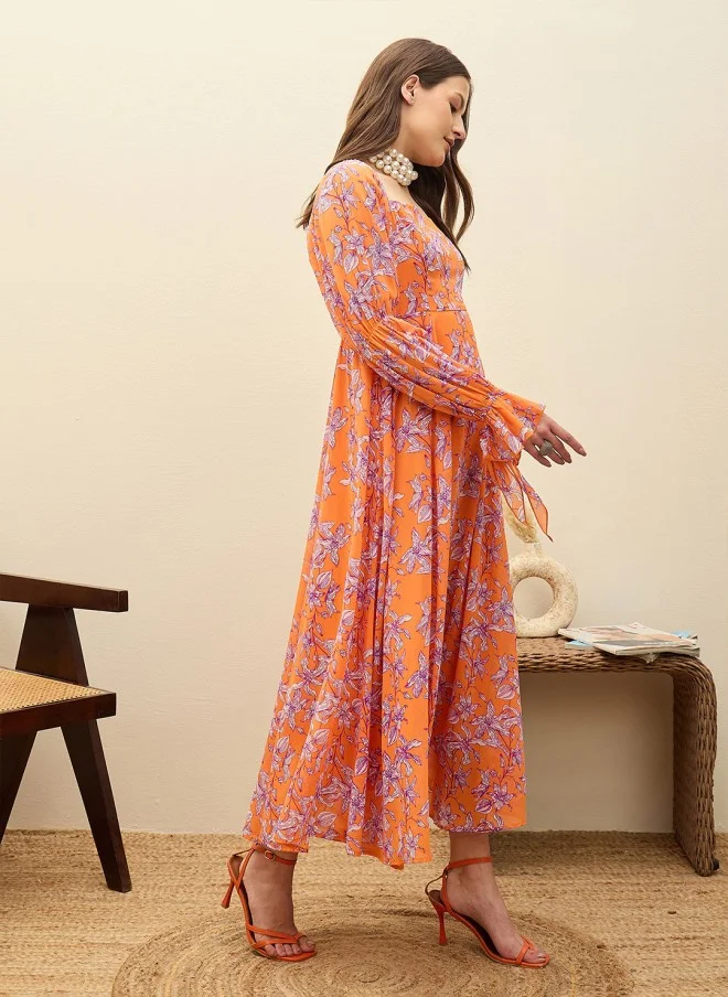 SASSAFRAS Floral Print Flutter Sleeve Maxi Dress for Women