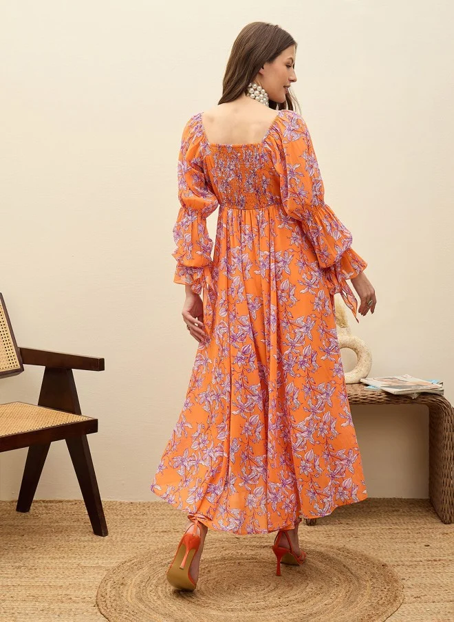 SASSAFRAS Floral Print Flutter Sleeve Maxi Dress for Women
