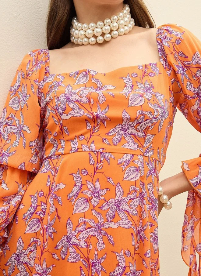 SASSAFRAS Floral Print Flutter Sleeve Maxi Dress for Women