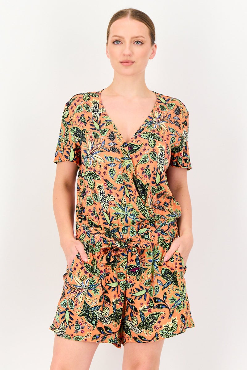 promod Women Floral Print Short Sleeve Playsuit, Multicolor - Image 1