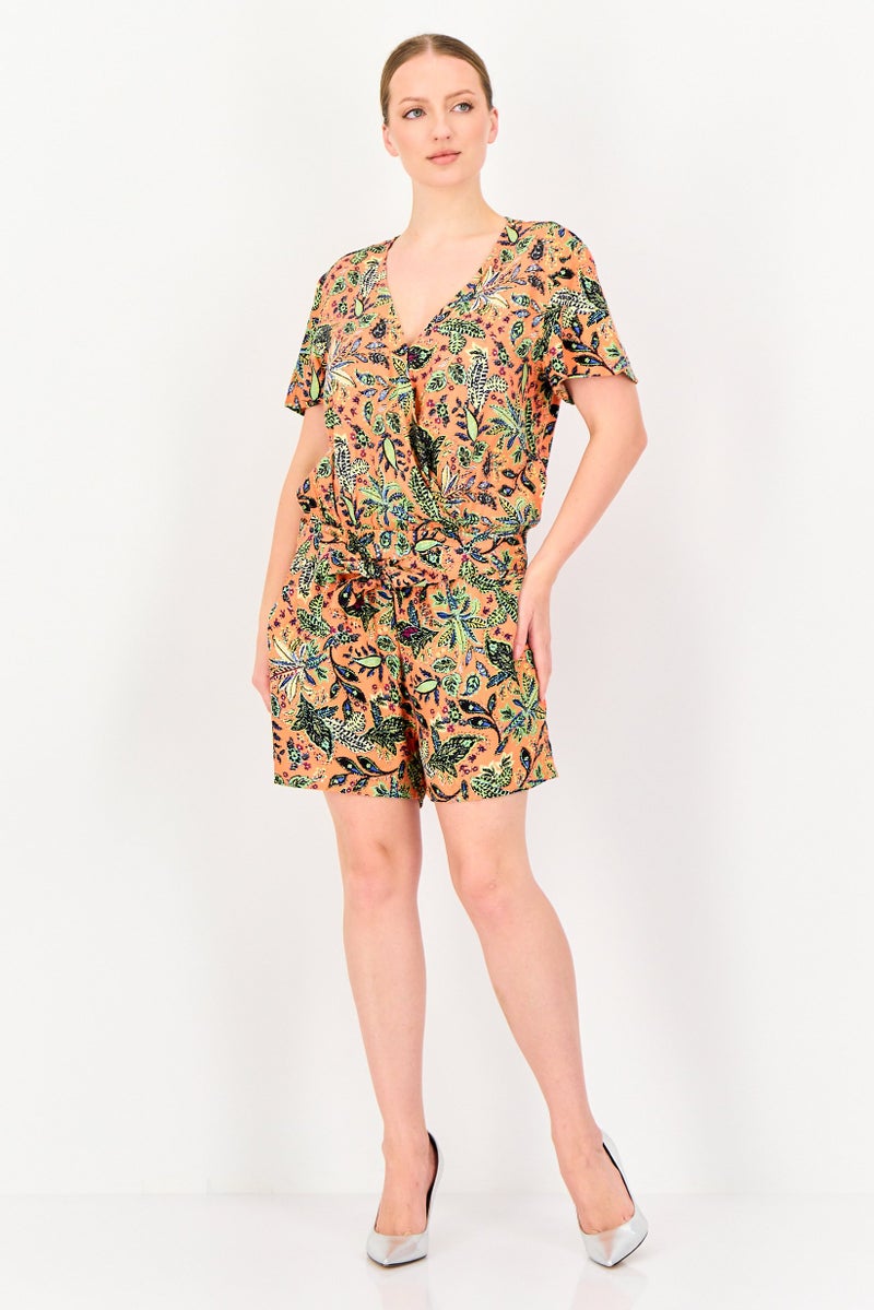 promod Women Floral Print Short Sleeve Playsuit, Multicolor - Image 4