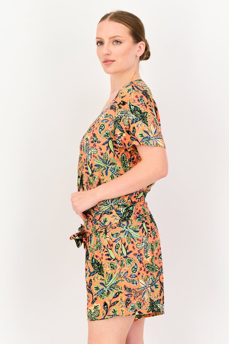 promod Women Floral Print Short Sleeve Playsuit, Multicolor - Image 3