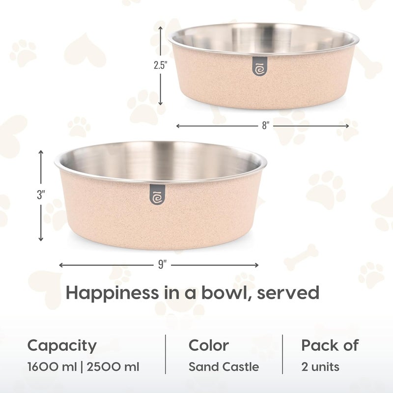 Eha Earth-Friendly Pet Bowls for Dogs | Steel Bowl for Dog | 2500 & 1600 ml | Pet Bowl Made with Rice Husk | Dog Bowl Large Size| 2 Unit | Sand Castle - Image 2