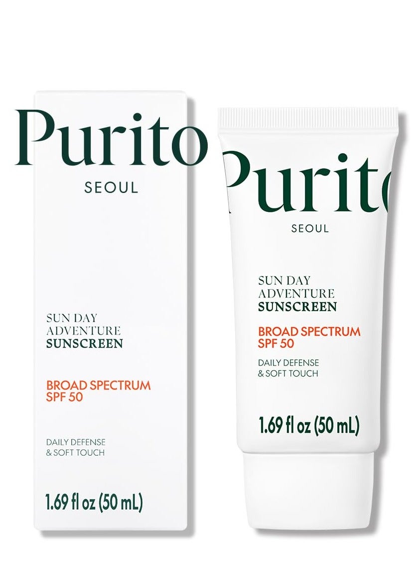 Sun Day Adventure Korean Sunscreen Smoothest and Lightest Texture Broad Spectrum SPF 50 UVA & UVB Protection No White Cast Oil Free For All Skin Types Vegan Daily Skin Care 50ml, 1.69 fl.oz
