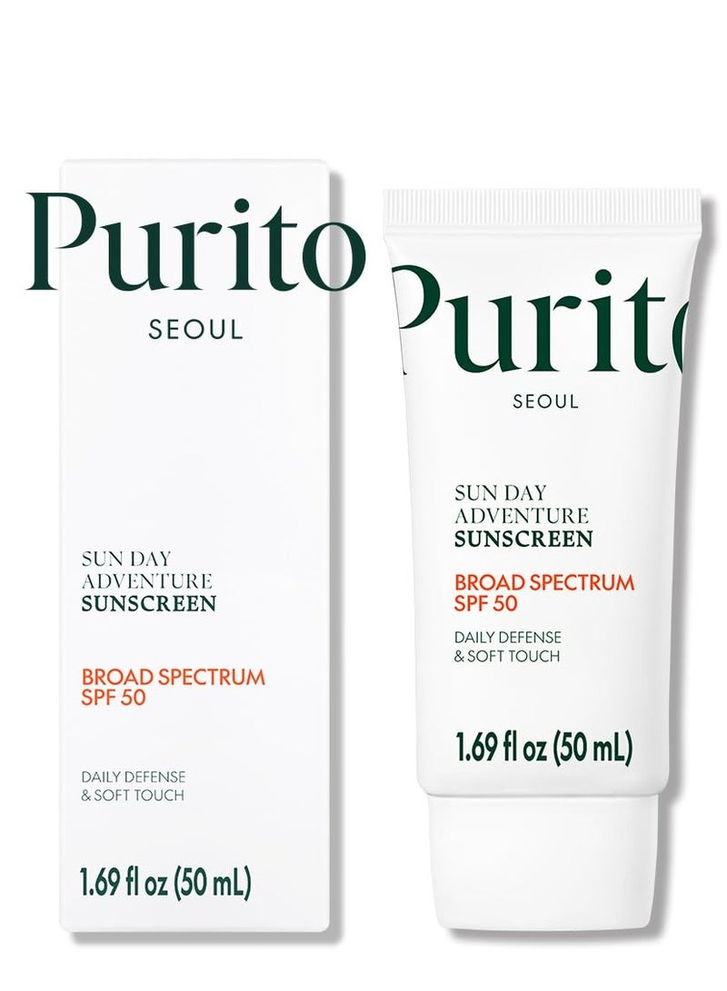 بوريتو Sun Day Adventure واقي الشمس الكوري الناعم والأخفف نسيج الطيف الواسع SPF 50 UVA وحماية UVB لا زيت صب أبيض مجاني لجميع أنواع البشرة نباتي العناية اليومية بالبشرة 50 مل، 1.69 أوقية فلورية - Image 1
