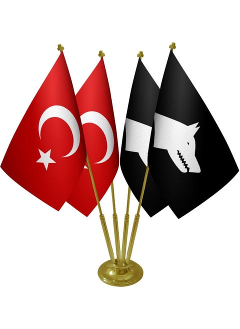 Table Top Black Gokturk Flag Turkish Flag Set of Four Brass Poles Table Flag
