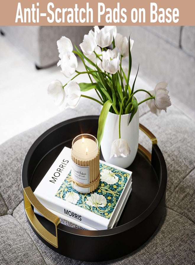 HB Design Co. Round Decorative Tray - 12 Inch Round Black Tray with Gold Metal Handles - Stain Resistant Serving Trays for Decor - Decorative Trays for Coffee Table, Ottoman, Bar, Vanity, Kitchen, Bedroom & More - Image 3