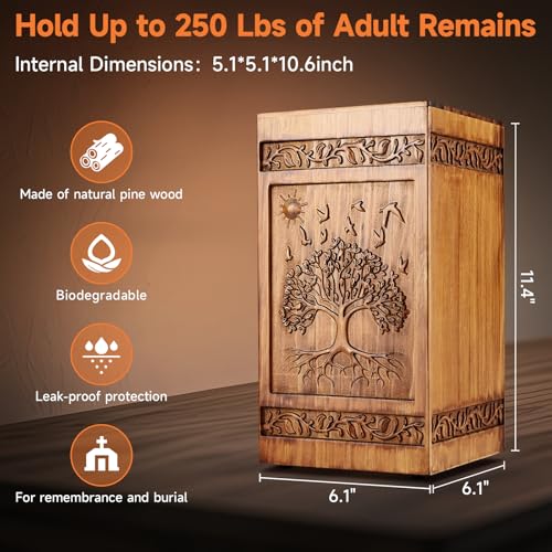 BALLMENT Wooden Urn for Ashes Adult Male Female, Handcrafted Large Cremation Urns Box for Human Ashes Adult Men Women, Memorial Decorative Funeral Urn with Hummingbird Carvings - Image 4
