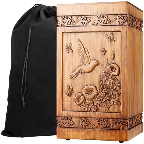 BALLMENT Wooden Urn for Ashes Adult Male Female, Handcrafted Large Cremation Urns Box for Human Ashes Adult Men Women, Memorial Decorative Funeral Urn with Hummingbird Carvings - Image 1