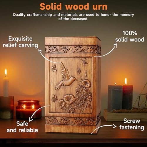 BALLMENT Wooden Urn for Ashes Adult Male Female, Handcrafted Large Cremation Urns Box for Human Ashes Adult Men Women, Memorial Decorative Funeral Urn with Hummingbird Carvings - Image 3