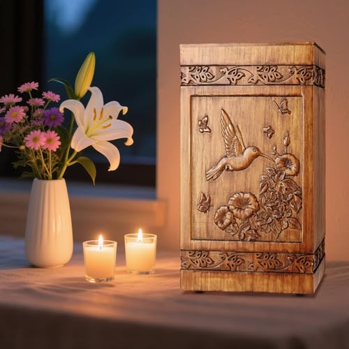 BALLMENT Wooden Urn for Ashes Adult Male Female, Handcrafted Large Cremation Urns Box for Human Ashes Adult Men Women, Memorial Decorative Funeral Urn with Hummingbird Carvings - Image 2