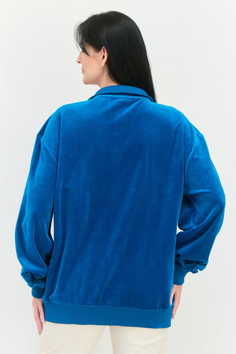 Asos 4505 Women Spread Collar Long Sleeves Solid Sweatshirt, Blue - Image 3