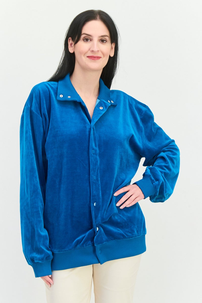 Asos 4505 Women Spread Collar Long Sleeves Solid Sweatshirt, Blue - Image 1
