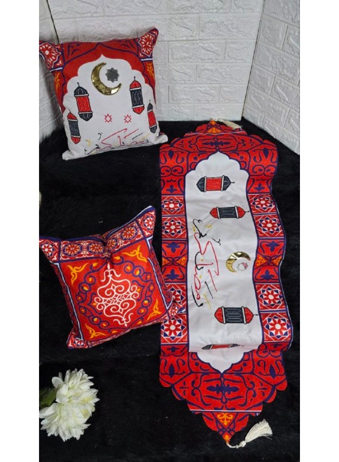 ناما طقم ديكور رمضان الفاخر - مفرش طاولة (رانر) مع وسادتين بتصميم إسلامي عصري